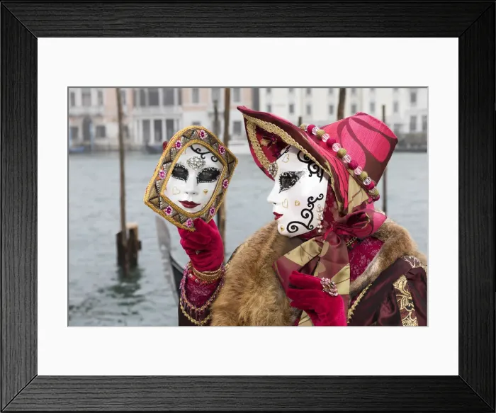 Framed Print : Woman in red costume and her reflecion in mirror, grand Canal, Venice, Veneto, Italy Framed Print : Woman in red costume and her reflecion in mirror, grand Canal, Venice, Veneto, Italy