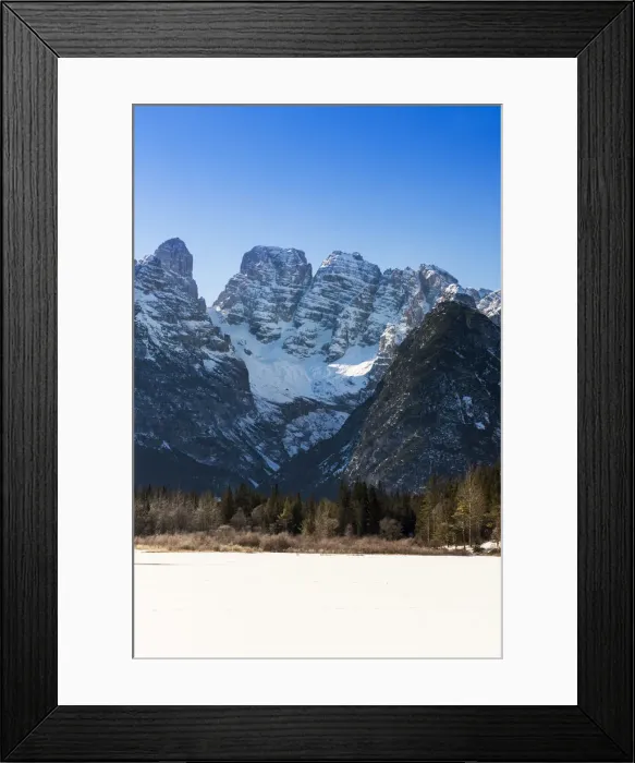 Framed Print : Winter view of frozen Lago di Landro or Durrensee lake with Cristallo mountain group Framed Print : Winter view of frozen Lago di Landro or Durrensee lake with Cristallo mountain group