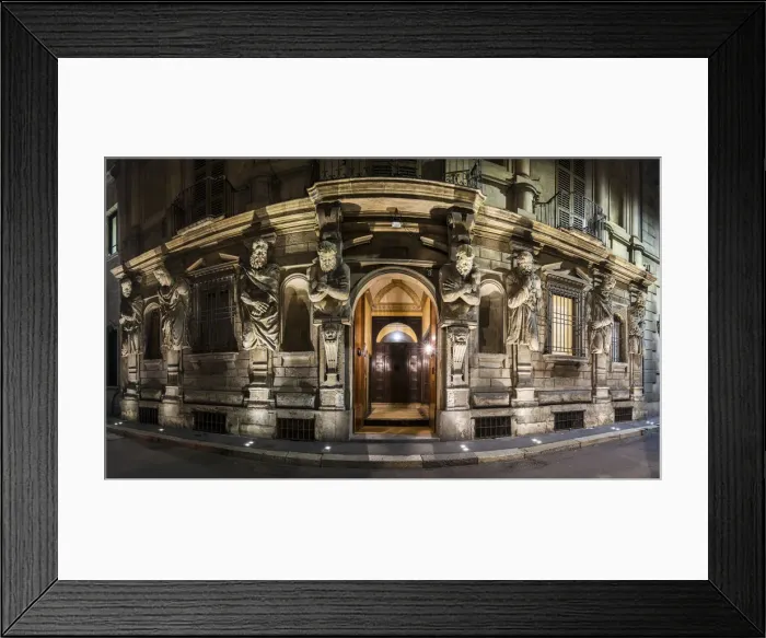 Framed Print : Panoramic night view of the Casa degli Omenoni historic palace dated 16th century Framed Print : Panoramic night view of the Casa degli Omenoni historic palace dated 16th century