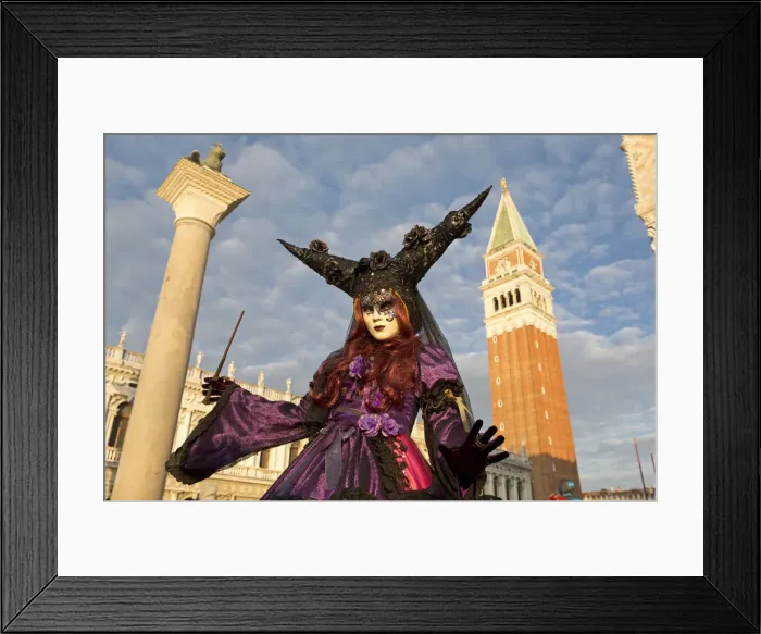 Framed Print : Beautiful costume and mask in front of Campanile at the Venice Carnival, Piazza San Marco