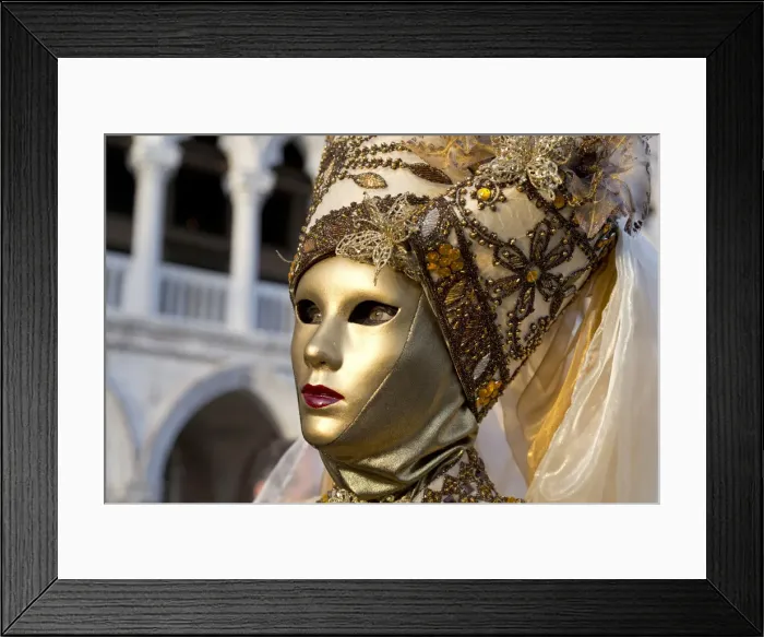 Framed Print : Golden mask and costume at the Carnival, Piazza San Marco (St. Marks Square)