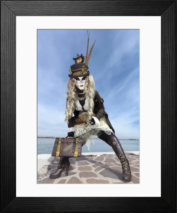 Framed Print : Woman in Steampunk costume posing during Carnival on Burano Island, Venice, Veneto, Italy Framed Print : Woman in Steampunk costume posing during Carnival on Burano Island, Venice, Veneto, Italy