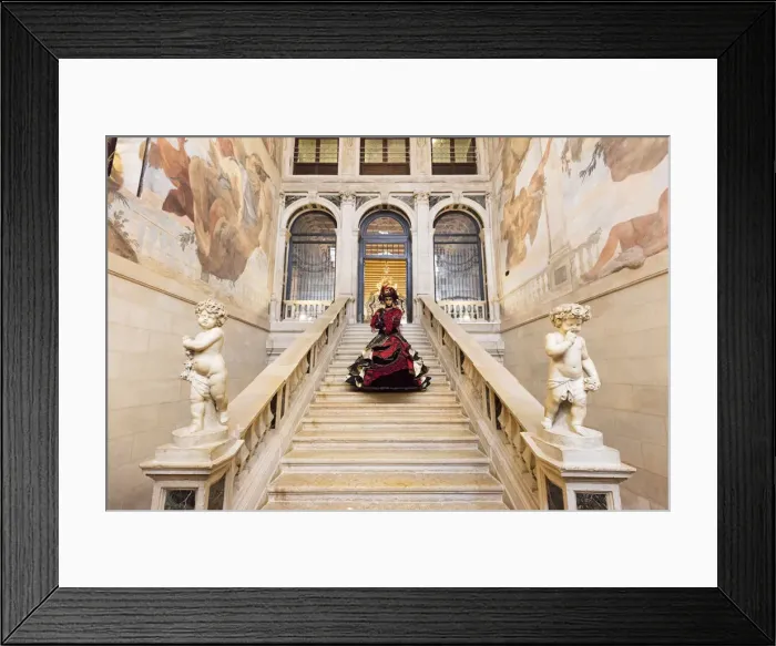 Framed Print : Woman in costume standing on staircase in Ca Segredo palace during Carnival, Venice Framed Print : Woman in costume standing on staircase in Ca Segredo palace during Carnival, Venice