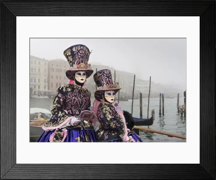 Framed Print : Two women in costume at Carnival time near Grand canal in mist, Venice, Veneto, Italy Framed Print : Two women in costume at Carnival time near Grand canal in mist, Venice, Veneto, Italy