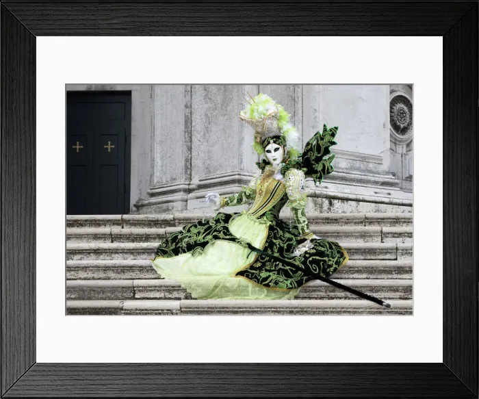 Framed Print : Woman in green costume at Carnival time sitting on steps at Salute, Venice, Veneto, Italy Framed Print : Woman in green costume at Carnival time sitting on steps at Salute, Venice, Veneto, Italy
