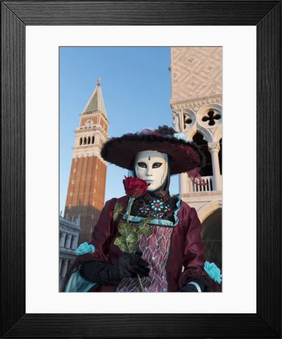 Framed Print : Woman in costume holding red rose during Carnival, Piazza San Marco (St Framed Print : Woman in costume holding red rose during Carnival, Piazza San Marco (St