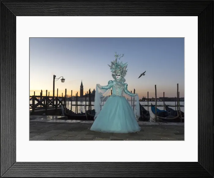 Framed Print : Woman in costume during Carnival at dawn, Piazza San Marco (St. Marks Square)
