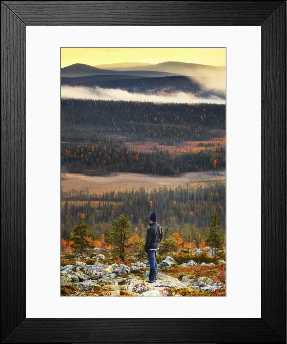 Framed Print : Europe, Finland, Lapland, Salla, a hiker looking out from the top of Ruuhitunturi Framed Print : Europe, Finland, Lapland, Salla, a hiker looking out from the top of Ruuhitunturi