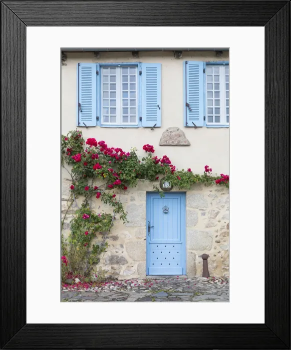 Framed Print : France, Correze, Argentat, A colourful facade of an old stone house with blue shutters Framed Print : France, Correze, Argentat, A colourful facade of an old stone house with blue shutters