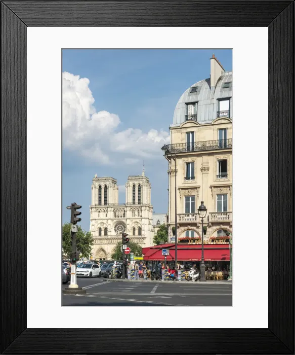 Framed Print : Cafe at Place St. Michel & Notre Dame cathedral, Rive Gauche, Paris, France
