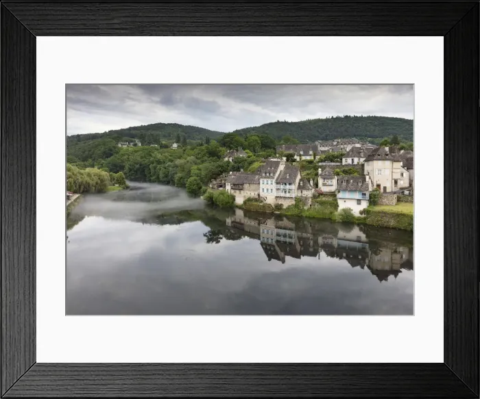 Framed Print : France, Correze, Argentat, The old town reflected in the Dordogne river with some Framed Print : France, Correze, Argentat, The old town reflected in the Dordogne river with some
