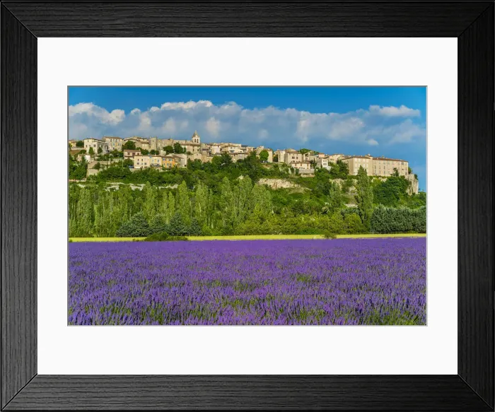Framed Print : View of village of Sault with field of lavander in bloom, Vaucluse, Provence, France Framed Print : View of village of Sault with field of lavander in bloom, Vaucluse, Provence, France