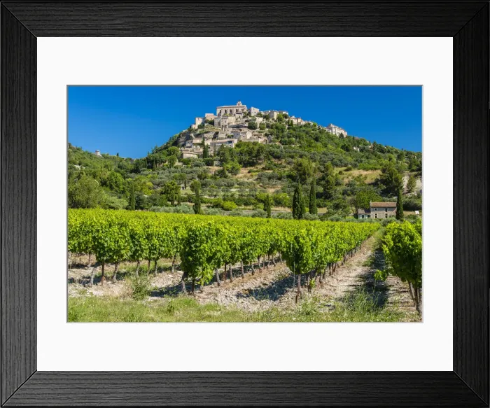 Framed Print : Vineyards with village of Gordes in the background, Vaucluse, Provence, France Framed Print : Vineyards with village of Gordes in the background, Vaucluse, Provence, France