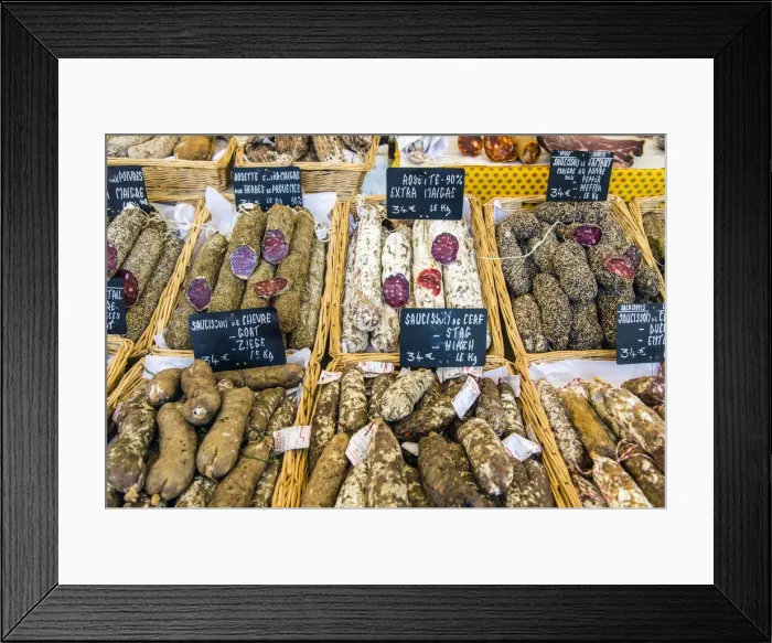 Framed Print : Local sausages or saucisson on sale at the market, Carpentras, Provence, France Framed Print : Local sausages or saucisson on sale at the market, Carpentras, Provence, France