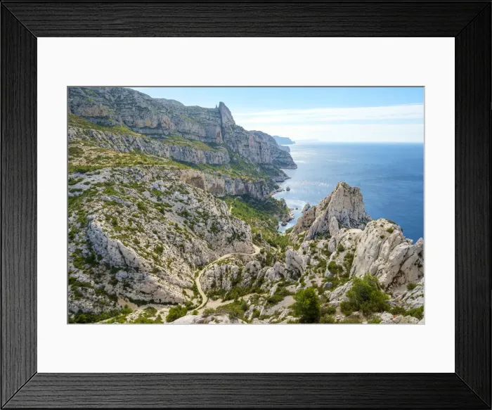Framed Print : High angle view of rugged Mediterranean landscape at Calanque de Sugiton, Parc National Framed Print : High angle view of rugged Mediterranean landscape at Calanque de Sugiton, Parc National