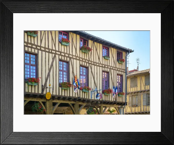 Framed Print : Mirepoix town hall (Mairie) half-timbered building on Place de Couverts in bastide Framed Print : Mirepoix town hall (Mairie) half-timbered building on Place de Couverts in bastide