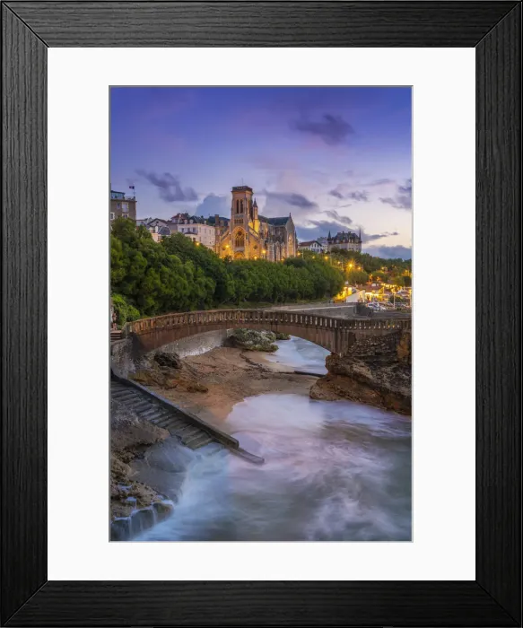 Framed Print : France, Aquitaine, Pyrenees Atlantiques, Biarritz, Saint Eugenia church at old port, dusk