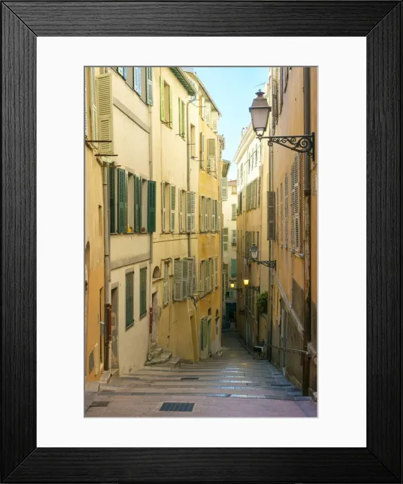 Framed Print : Alleyway with stairs between colorful buildings, Vieille Ville (Old Town), Nice