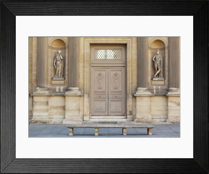 Framed Print : France, Paris, The Louvre, bench infront of doorway Framed Print : France, Paris, The Louvre, bench infront of doorway