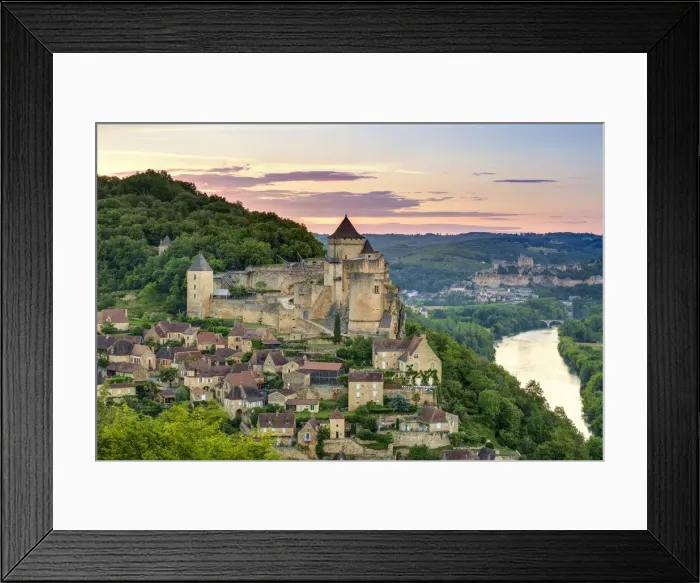 Framed Print : Chateau de Castelnaud castle and village over Dordogne River valley at sunset Framed Print : Chateau de Castelnaud castle and village over Dordogne River valley at sunset