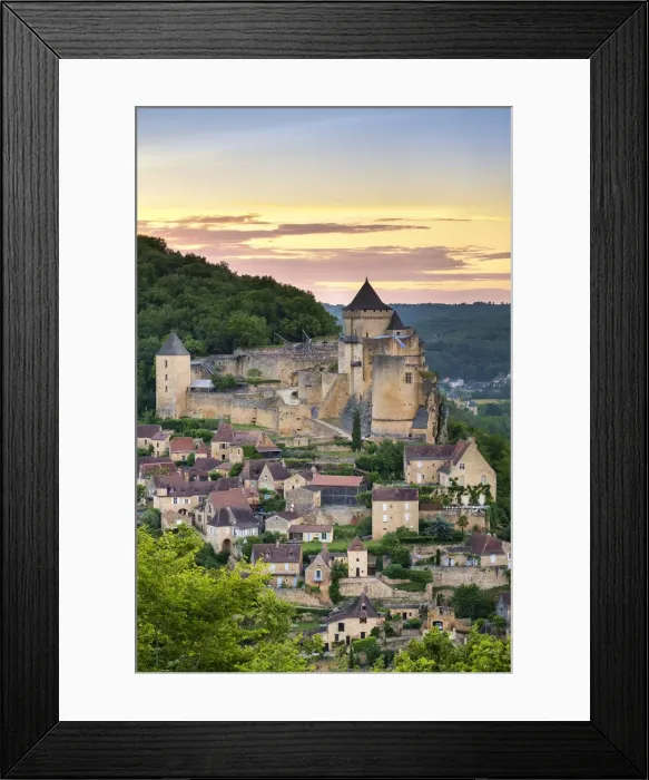 Framed Print : Chateau de Castelnaud castle and village over Dordogne River valley at sunset Framed Print : Chateau de Castelnaud castle and village over Dordogne River valley at sunset