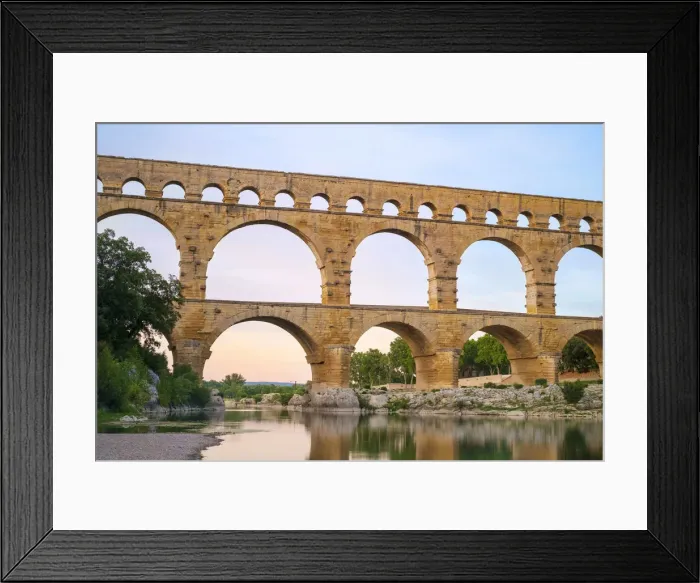 Framed Print : Pont du Gard Roman aqueduct over Gard River at sunset, Gard Department Framed Print : Pont du Gard Roman aqueduct over Gard River at sunset, Gard Department