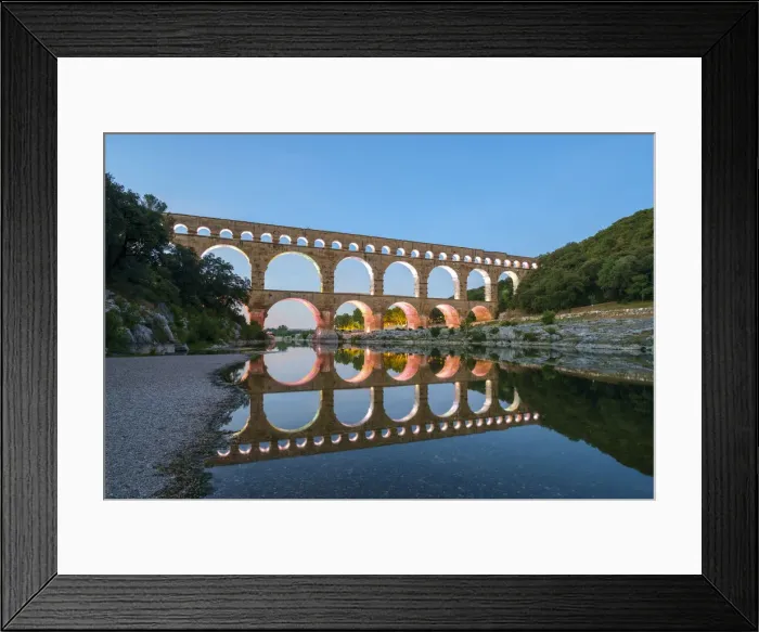 Framed Print : Pont du Gard Roman aqueduct over Gard River at dusk, Gard Department, Languedoc-Roussillon Framed Print : Pont du Gard Roman aqueduct over Gard River at dusk, Gard Department, Languedoc-Roussillon