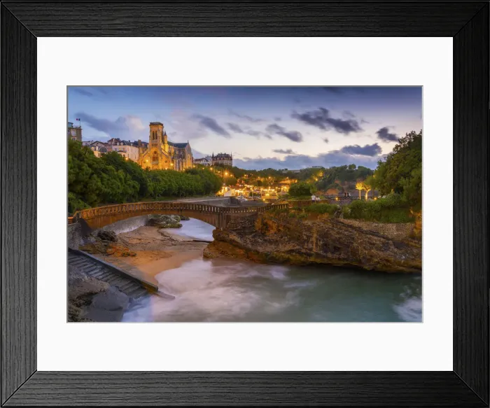 Framed Print : France, Aquitaine, Pyrenees Atlantiques, Biarritz, Saint Eugenia church at old port, dusk