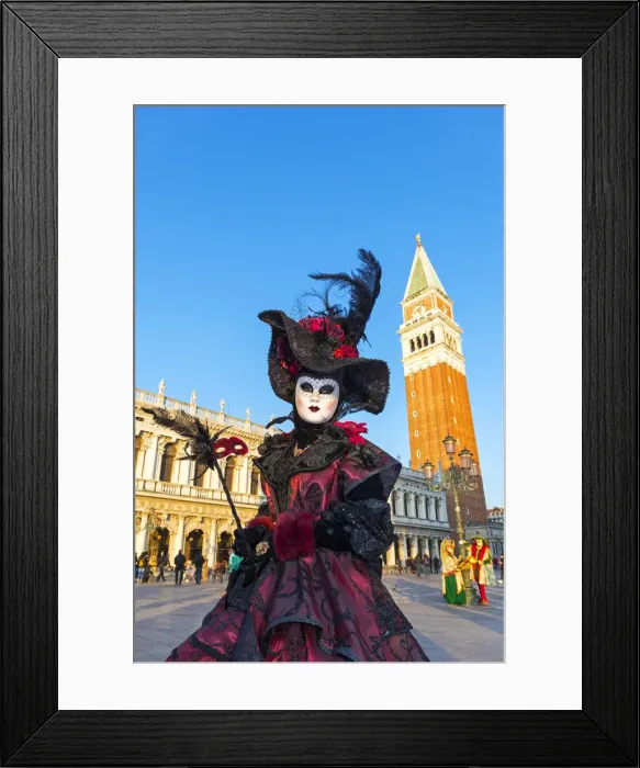 Framed Print : A woman wearing a mask and beautiful costume stands in St Marks square during Framed Print : A woman wearing a mask and beautiful costume stands in St Marks square during