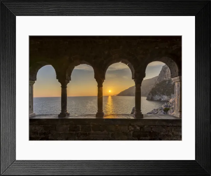 Framed Print : Coastline at Sunset through Arches, Portovenere, Liguria, Italy Framed Print : Coastline at Sunset through Arches, Portovenere, Liguria, Italy