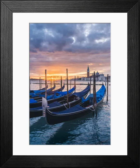 Framed Print : Venice, Veneto, Italy. Gondolas moored on Riva degli Schiavoni at sunrise Framed Print : Venice, Veneto, Italy. Gondolas moored on Riva degli Schiavoni at sunrise