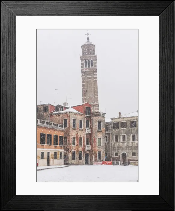 Framed Print : Venice, Veneto, Italy. The leaning bell tower of Santo Stefano under a snowfall Framed Print : Venice, Veneto, Italy. The leaning bell tower of Santo Stefano under a snowfall