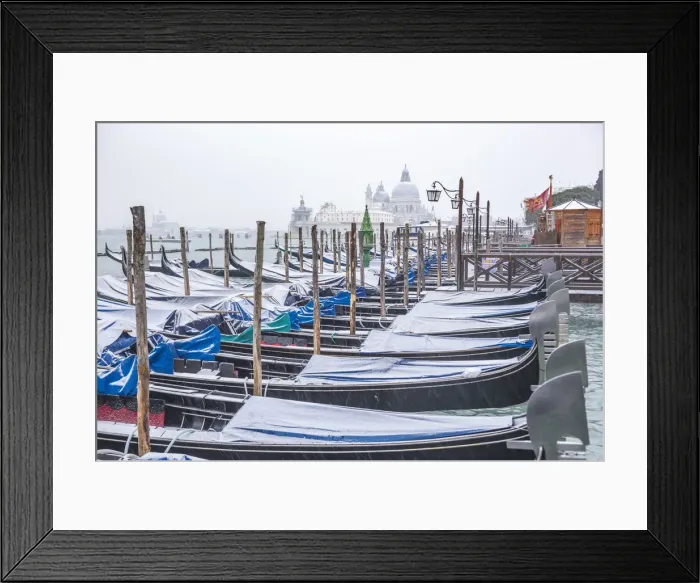 Framed Print : Gondolas with snow at St Marks waterfront, Venice, Veneto, Italy Framed Print : Gondolas with snow at St Marks waterfront, Venice, Veneto, Italy