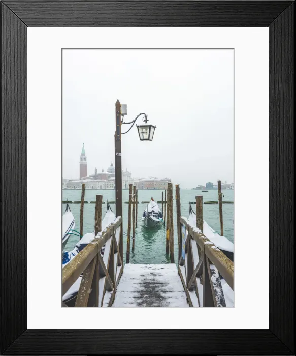 Framed Print : Gondolas with snow at St Marks waterfront, Venice, Veneto, Italy Framed Print : Gondolas with snow at St Marks waterfront, Venice, Veneto, Italy