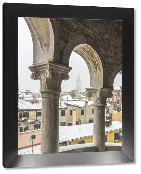 Venice, Veneto, Italy. Contarini del Bovolo staircase during a snowfall