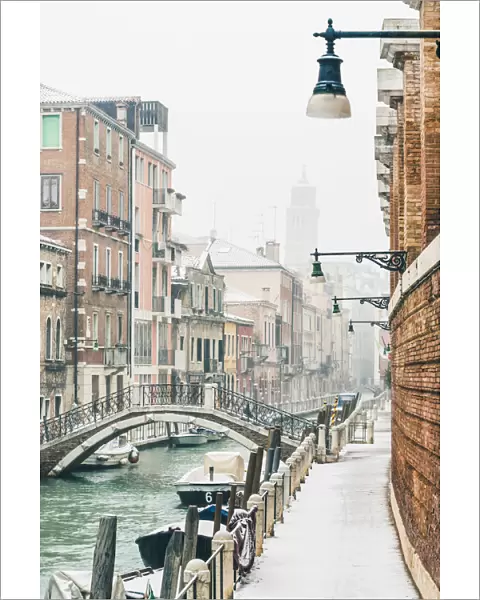 Venice, Veneto, Italy. Canal in Dorsoduro with snow