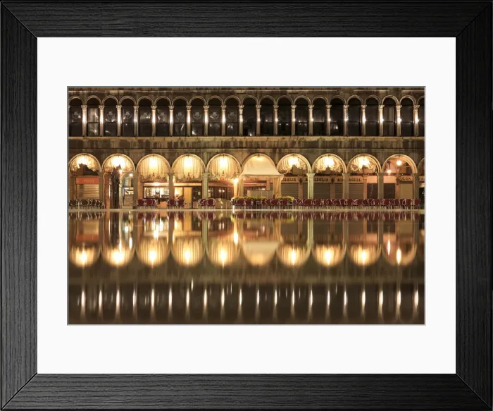 Framed Print : Procuratie Vecchie, the Caffa Quadri reflected in the high Water (Acqua alta) of St Framed Print : Procuratie Vecchie, the Caffa Quadri reflected in the high Water (Acqua alta) of St