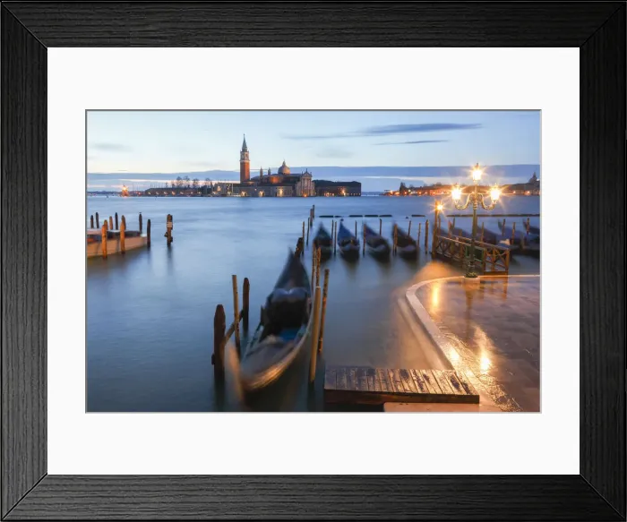 Framed Print : Gondolas moored in the Bacino di San Marco overlooking the church of San Giorgio Maggiore Framed Print : Gondolas moored in the Bacino di San Marco overlooking the church of San Giorgio Maggiore