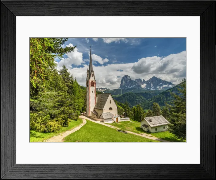 Framed Print : St. Jakob church with Langkofel - Sassolungo mountain group in the background, Ortisei