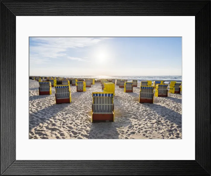 Framed Print : Duhnen, Cuxhaven, Lower Saxony, Germany. Yellow Strandkorbs along the beach Framed Print : Duhnen, Cuxhaven, Lower Saxony, Germany. Yellow Strandkorbs along the beach