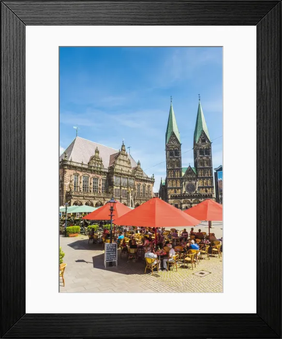 Framed Print : Bremen, Bremen State, Germany. People eating out in Marktplatz in front of the Town Hall Framed Print : Bremen, Bremen State, Germany. People eating out in Marktplatz in front of the Town Hall