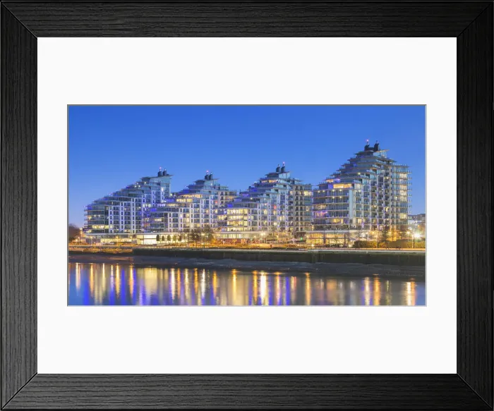 Framed Print : UK, London, A view of Battersea Reach developement from Wandsworth Bridge at dusk Framed Print : UK, London, A view of Battersea Reach developement from Wandsworth Bridge at dusk