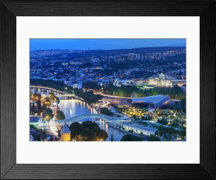 Framed Print : Bridge of Peace and the Mtkvari river. On the right, the Rike Park Music Theatre Framed Print : Bridge of Peace and the Mtkvari river. On the right, the Rike Park Music Theatre