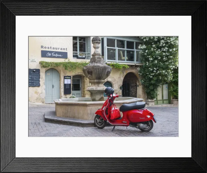 Framed Print : Red Vespa & Fountain, Venasque, Provence, France Framed Print : Red Vespa & Fountain, Venasque, Provence, France
