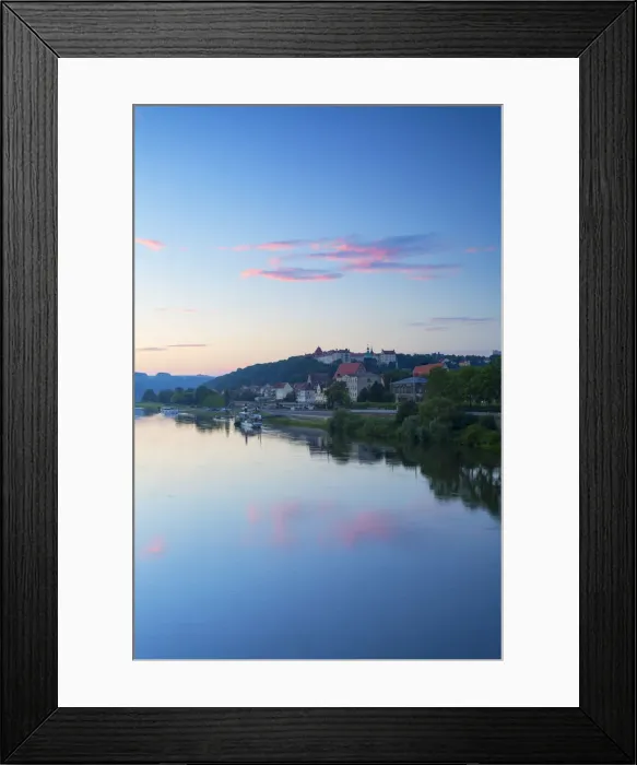Framed Print : View of River Elbe and Pirna at dawn, Saxony, Germany Framed Print : View of River Elbe and Pirna at dawn, Saxony, Germany