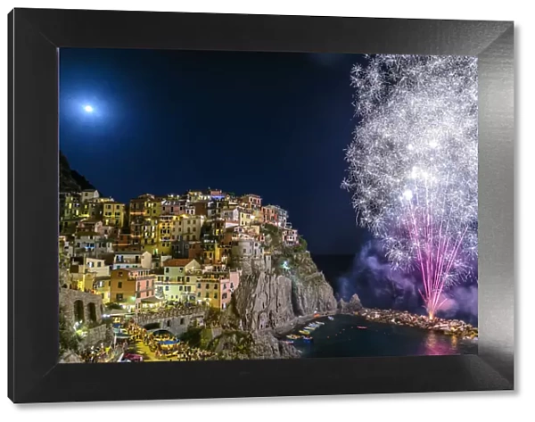 Europe, Italy, Cinque Terre. Fire works for San Lorenzo in Manarola