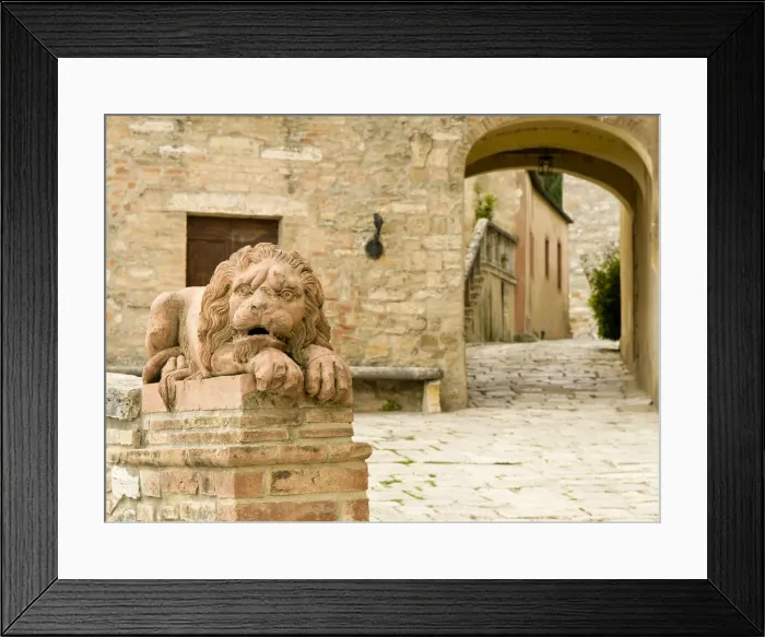 Framed Print : Lion guarding traditional village Lucignano d Asso, Valle de Orcia, Tuscany Framed Print : Lion guarding traditional village Lucignano d Asso, Valle de Orcia, Tuscany
