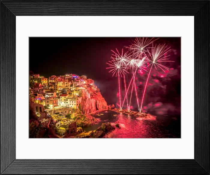 Framed Print : Europe, Italy, Liguria. Fireworks in Manarola for San Lorenzo Framed Print : Europe, Italy, Liguria. Fireworks in Manarola for San Lorenzo