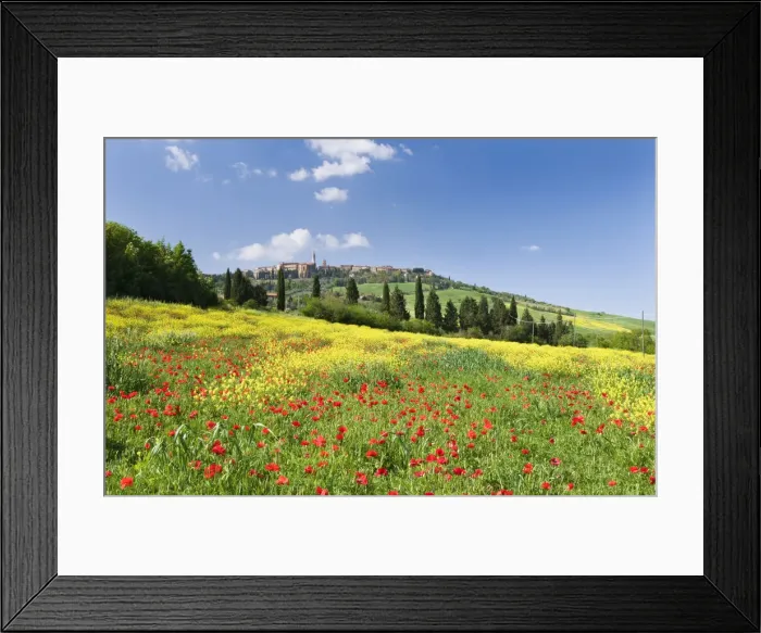 Framed Print : Hill town Pienza and field of poppies, Tuscany, Italy Framed Print : Hill town Pienza and field of poppies, Tuscany, Italy