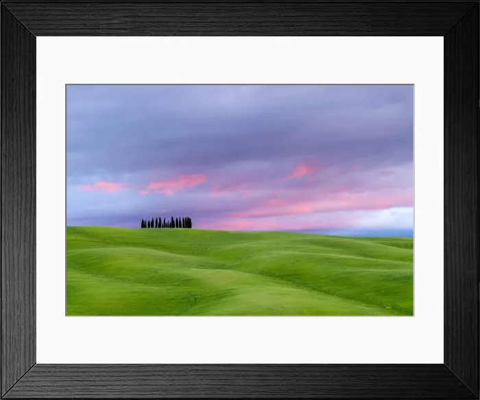 Framed Print : Tuscan landscape, rolling hills with wheat fields and cypress trees at sunset, San Framed Print : Tuscan landscape, rolling hills with wheat fields and cypress trees at sunset, San